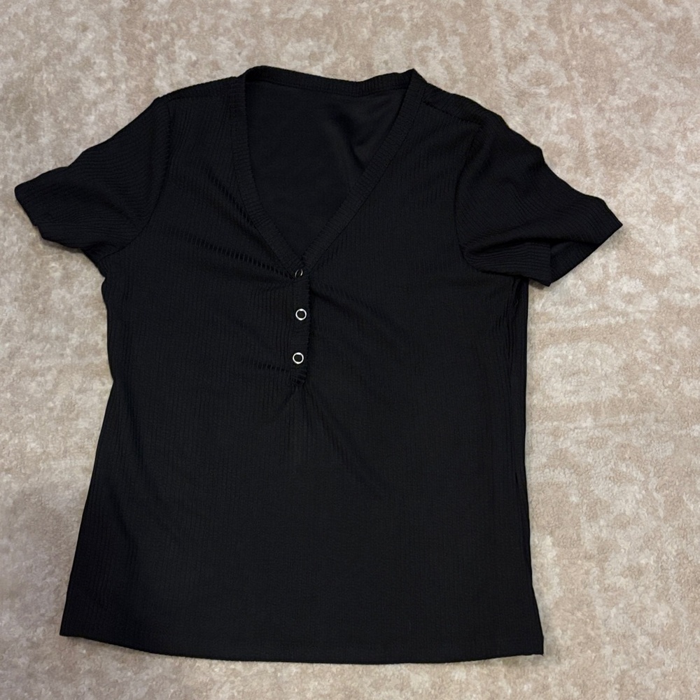 Black V-Neck Buttoned Women's Top